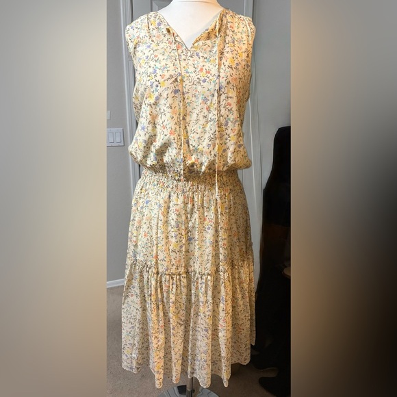 Lauren Ralph Lauren Butter Yellow with Small Floral Print Tiered Midi Sundress - Picture 1 of 16